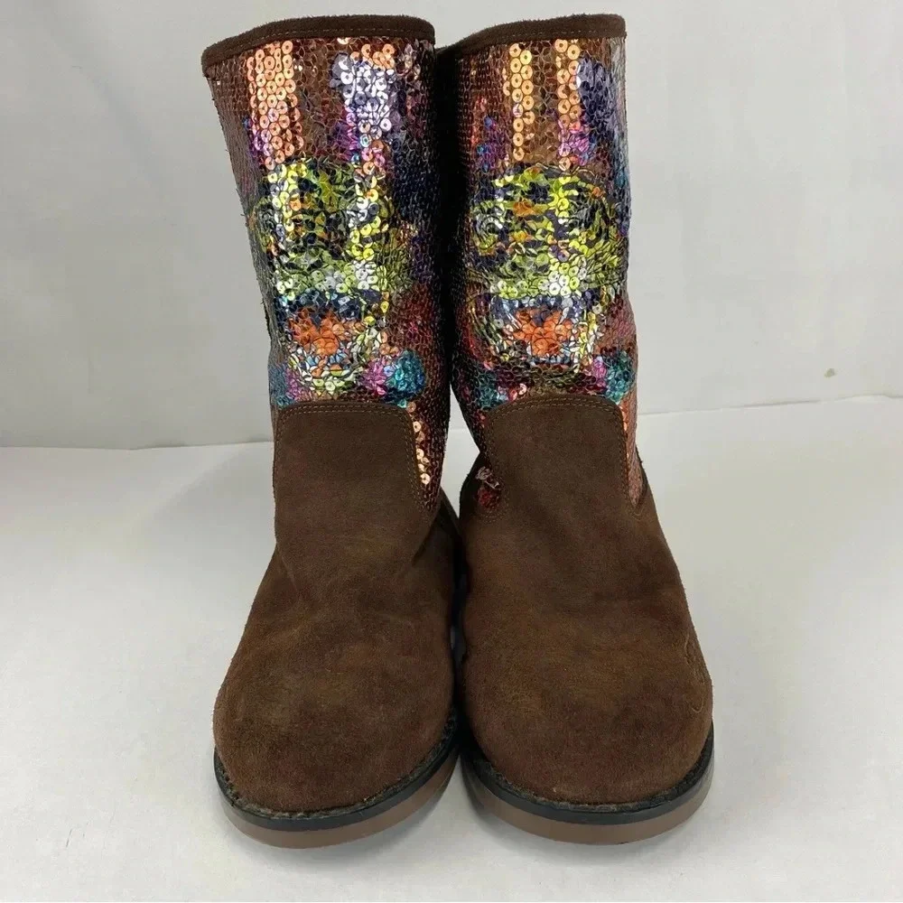Ed Hardy Womens 6 Brown Sequin Rainbow Tiger Print Suede Leather Boots